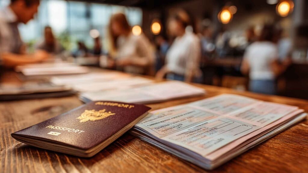 Passport and travel documents on a desk before entering the Schengen Area in Europe