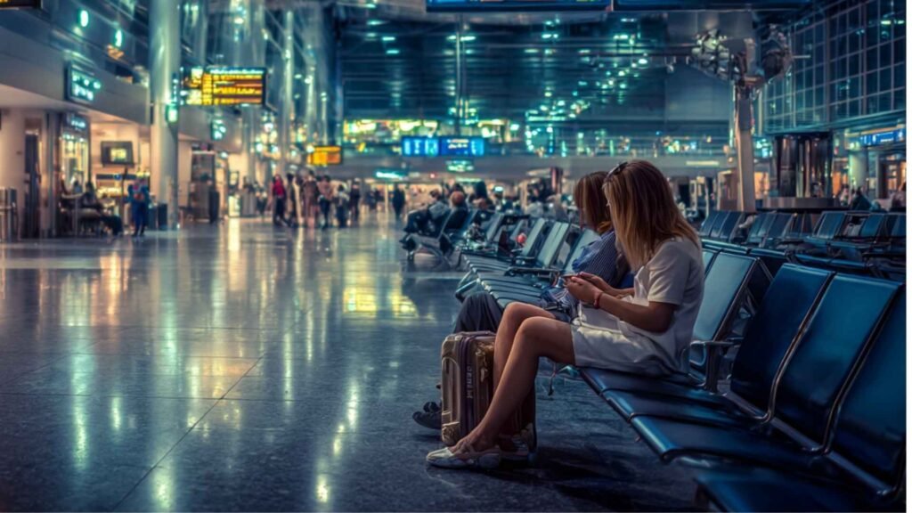 Passengers waiting overnight inside an international airport terminal during a late-night transit connection