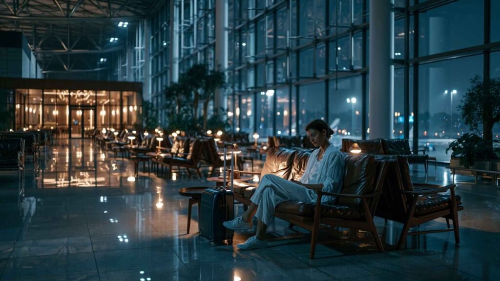 Self-transfer flights traveler waiting overnight inside a quiet international airport terminal during a long layover