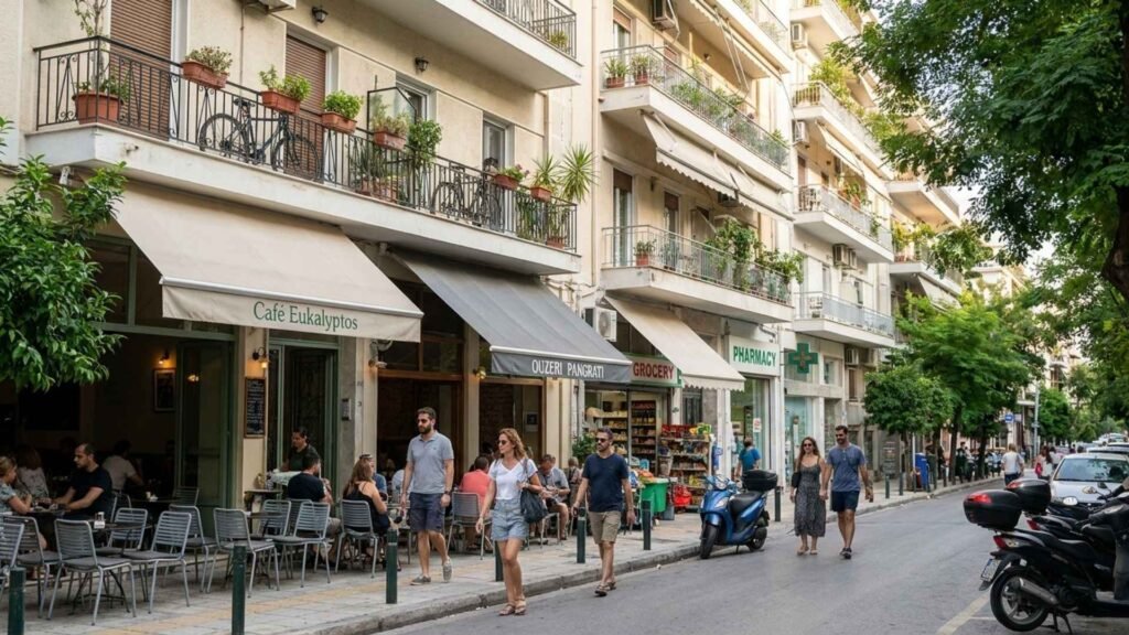 Pangrati neighborhood in Athens showing cafés, apartment buildings, local businesses, and walkable residential streets