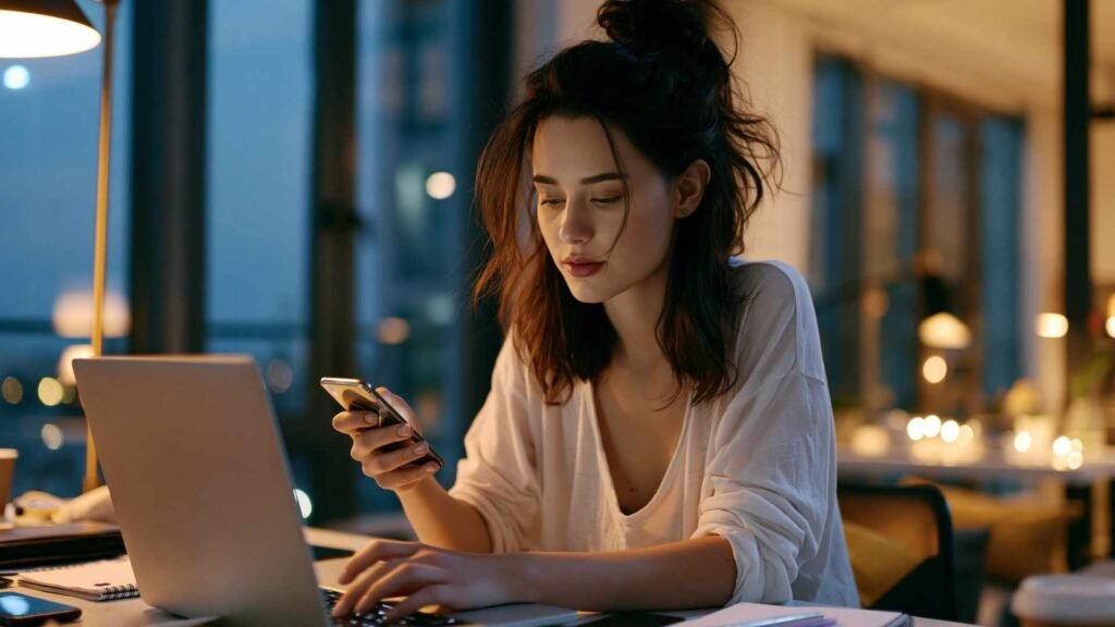 woman distracted by phone while working on laptop at night