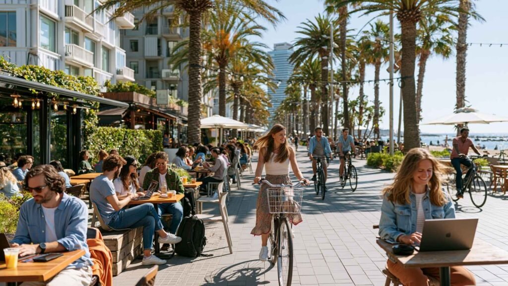 People cycling and working outdoors near palm-lined promenades in Barcelona’s Poblenou neighborhood