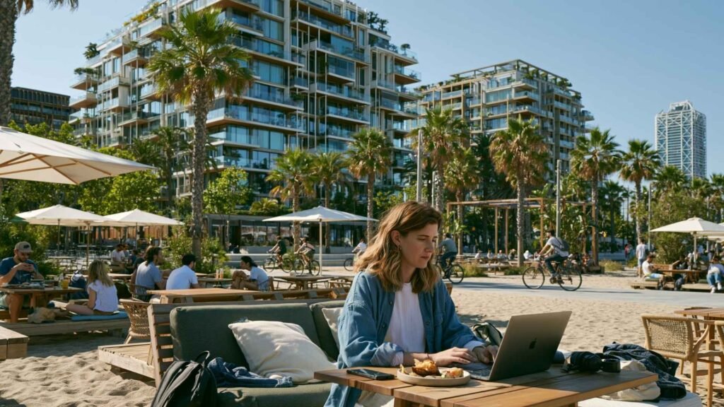 Digital nomad working near the beach in Poblenou Barcelona with modern apartments, cafés, and Mediterranean lifestyle atmosphere