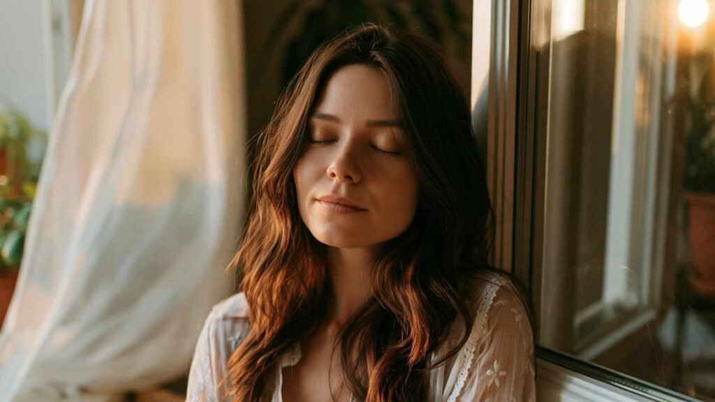 Woman with eyes closed enjoying a calm moment near a window after reducing digital stimulation and screen time