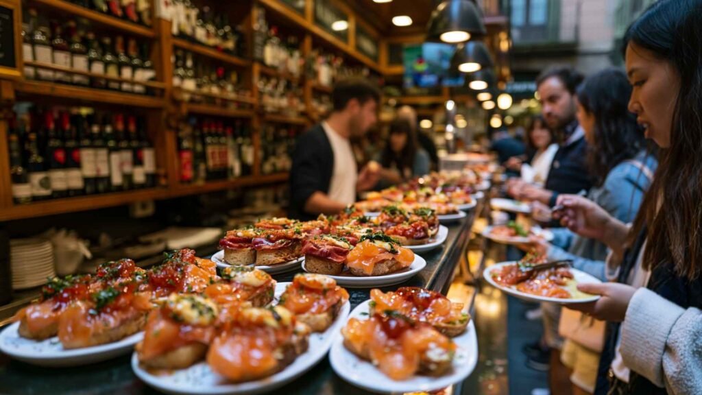 Quimet & Quimet Barcelona crowded standing tapas bar with salmon montaditos and locals eating at counter