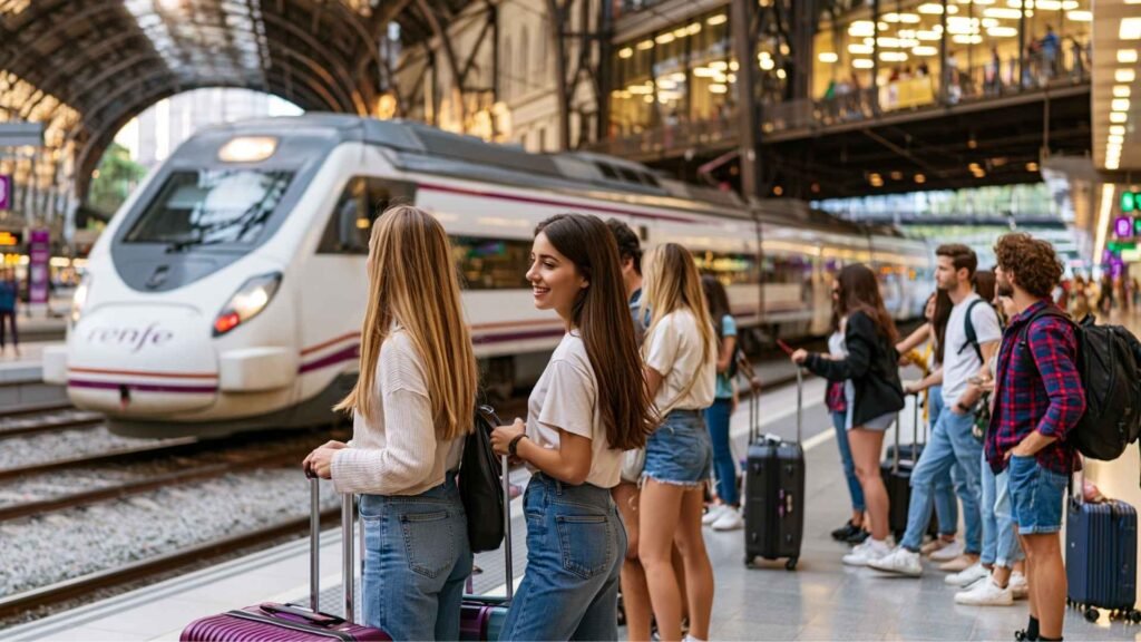 Travelers waiting for the RENFE R2 Nord train during a Barcelona airport transfer