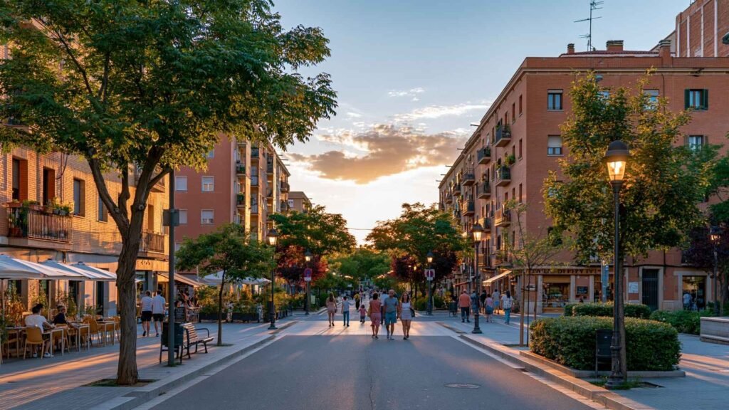 Sant Andreu neighborhood in Barcelona with quiet residential streets, local cafés, and apartment buildings during golden hour