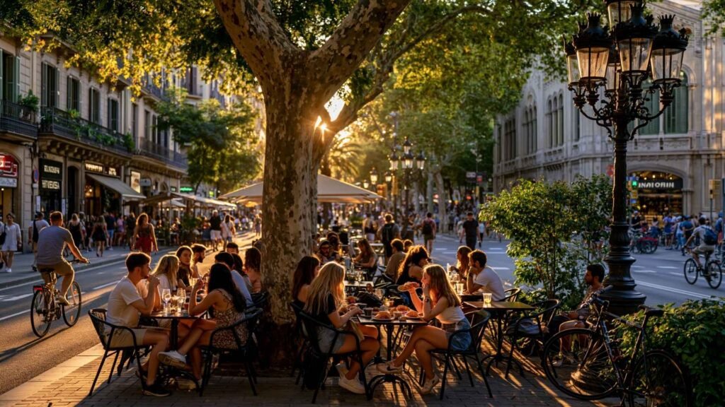 Young locals and travelers dining outdoors in Sant Antoni, one of Barcelona’s trendiest food neighborhoods during golden hour