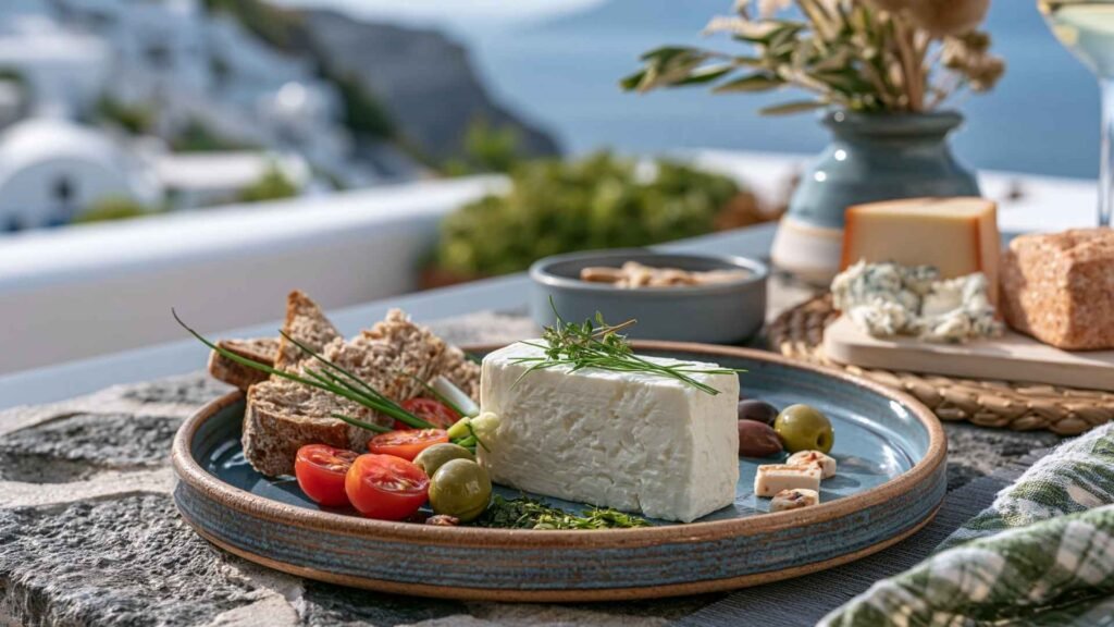Traditional Santorini Chloro cheese served with bread, olives, tomatoes, and local meze ingredients overlooking Santorini