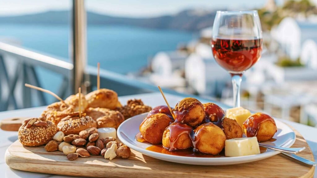 What to Eat in Santorini desserts featuring traditional loukoumades with honey, local pastries, cheese pairings, and Vinsanto wine on a caldera-view terrace