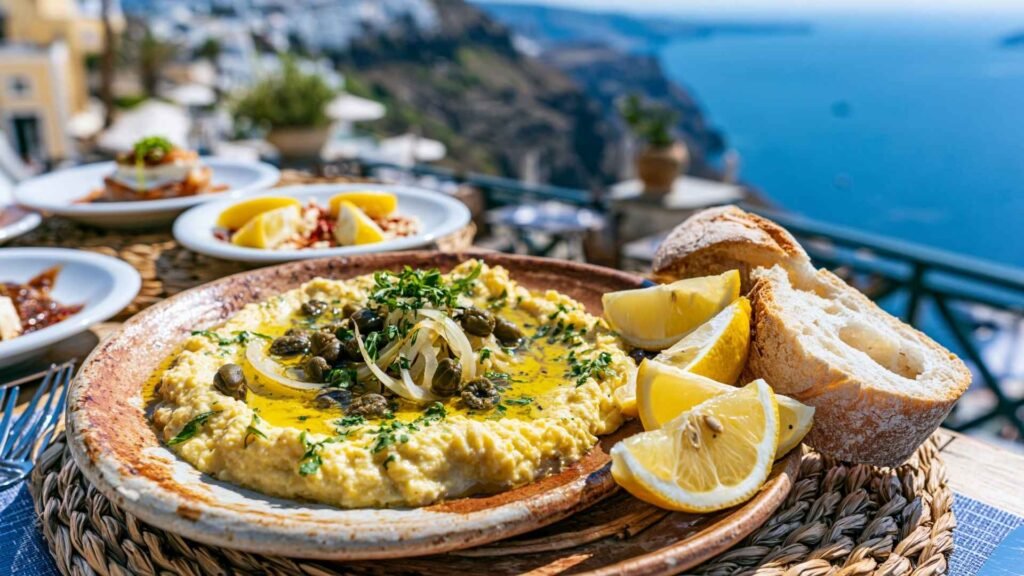 Traditional Santorini fava served with olive oil, capers, onions, lemon, and bread overlooking the caldera in Santorini