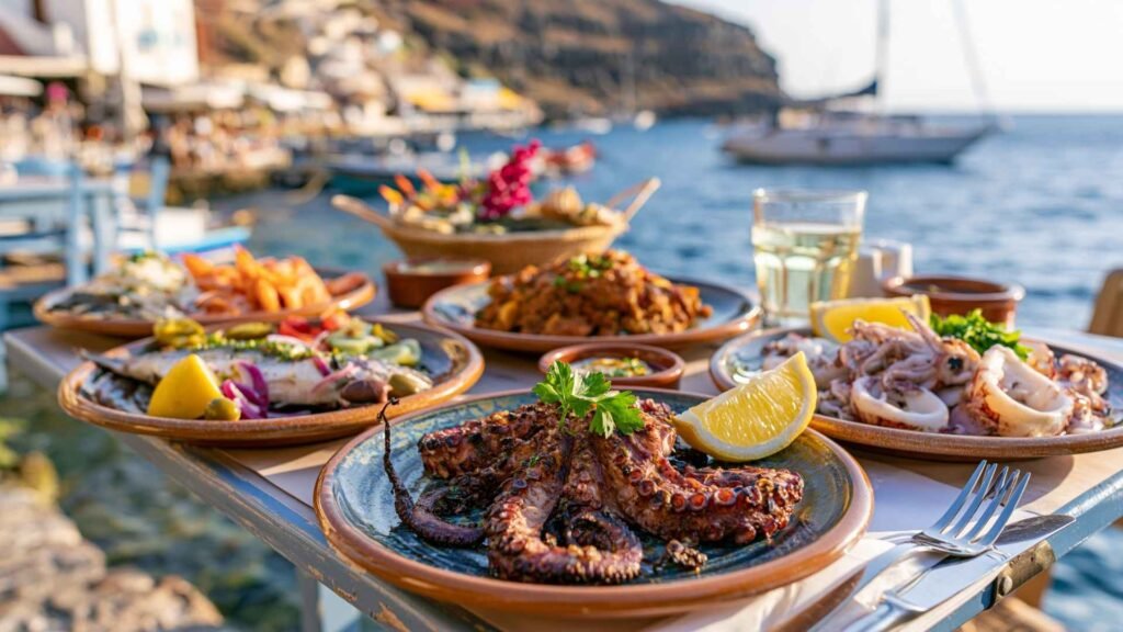 Fresh seafood and grilled octopus served at a coastal restaurant in Santorini with harbor views and local seafood dishes