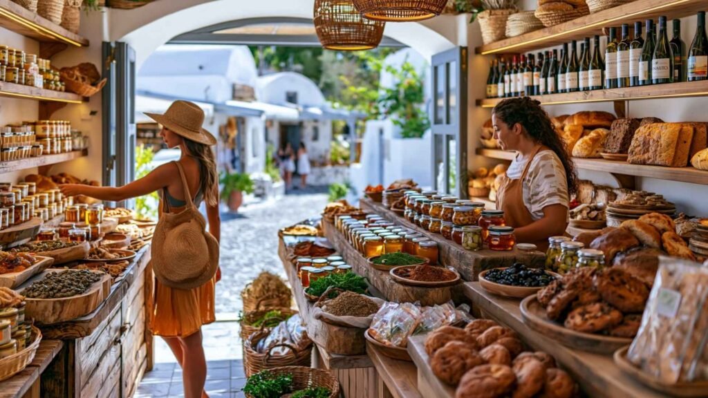 Traveler exploring a local food market in Santorini with bread, honey, herbs, olives, pastries, and traditional products inside a village shop