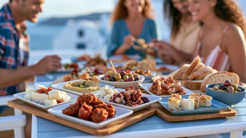 Traditional Santorini meze plates with seafood, cheeses, olives, bread, and local dishes shared around a table in Santorini