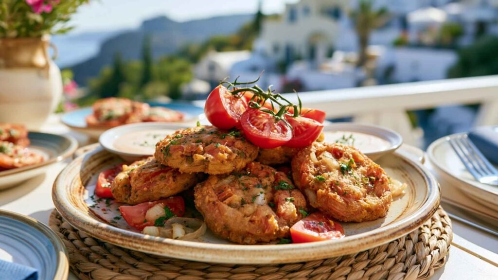 Traditional Santorini tomato keftedes served as crispy tomato fritters with herbs and local tomatoes on a restaurant terrace in Santorini