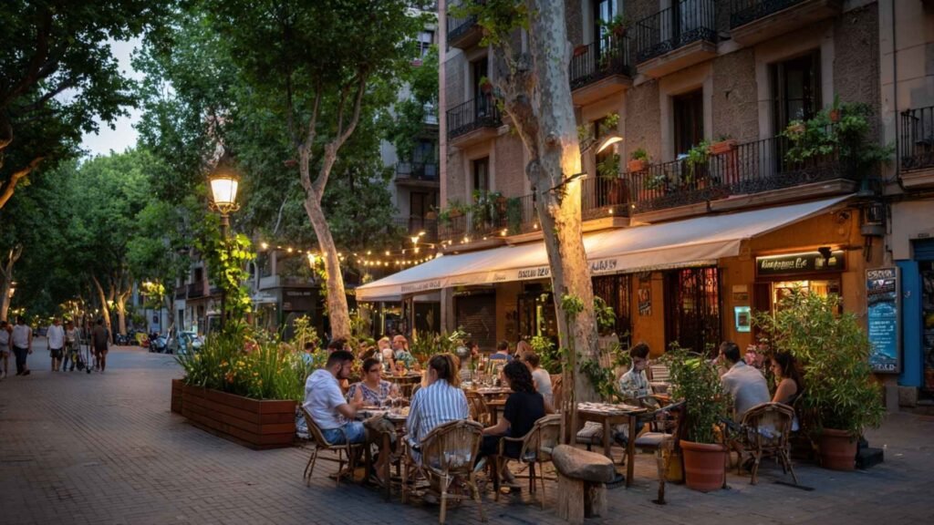Locals having dinner outside a small neighborhood restaurant in Barcelona’s Sants district