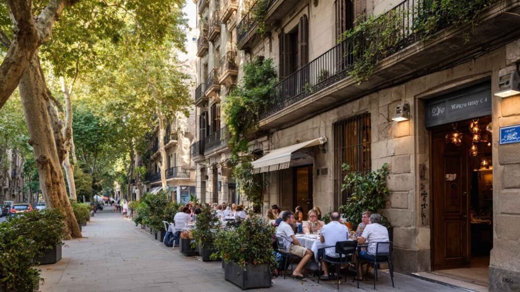 Elegant neighborhood restaurant terraces in Barcelona’s Sarrià district during the evening