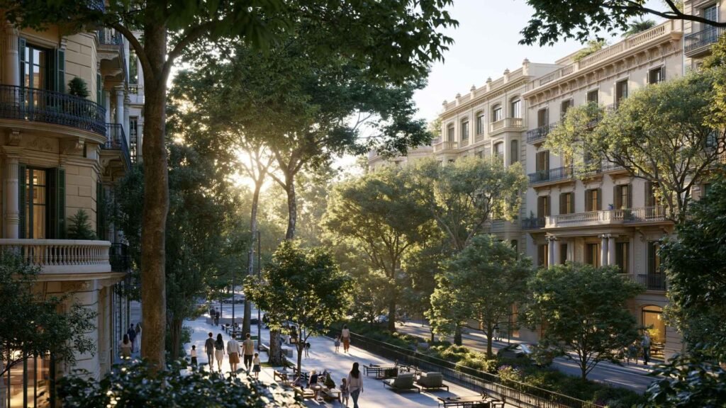 Quiet residential streets and elegant apartment buildings in Sarrià-Sant Gervasi Barcelona with family-friendly atmosphere and green surroundings