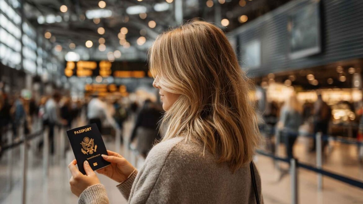 Schengen 90/180 rule traveler holding passport inside a modern European airport before border control