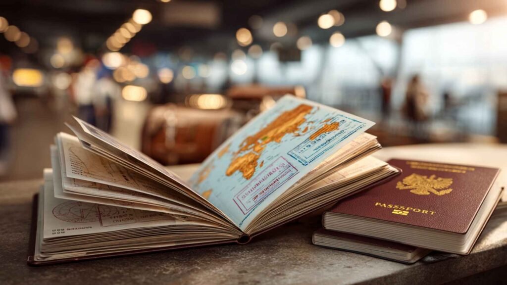 Open passport and European travel map inside an airport representing Schengen Area travel rules and country movement