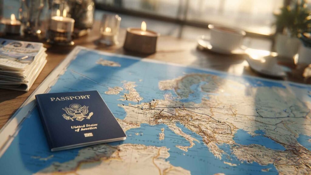 Passport placed on a European map illustrating the Schengen 90/180 rule rolling travel window across Europe