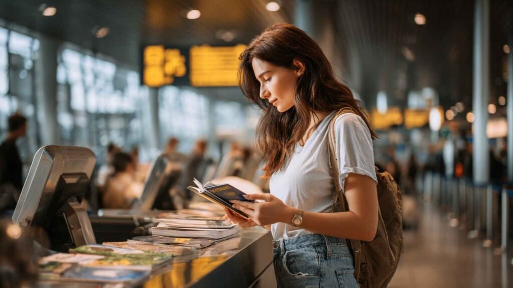 Traveler reviewing passport and travel documents at a European airport before a Schengen flight