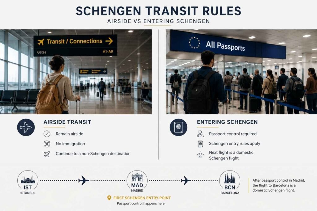 Infographic explaining the difference between airside Schengen transit and entering the Schengen Area during an airport connection