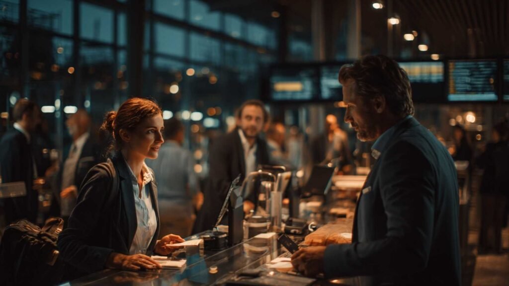 Traveler presenting passport and travel documents at a modern European airport counter before Schengen travel