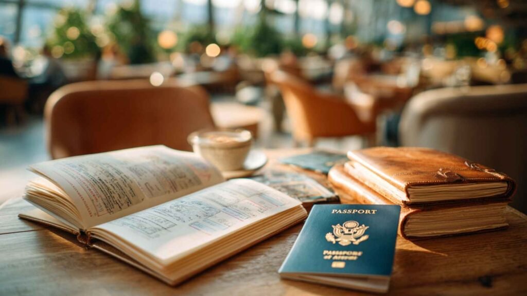 Passports, visa pages, and travel documents arranged on a table representing long-term Schengen travel history and multiple-entry visa progression