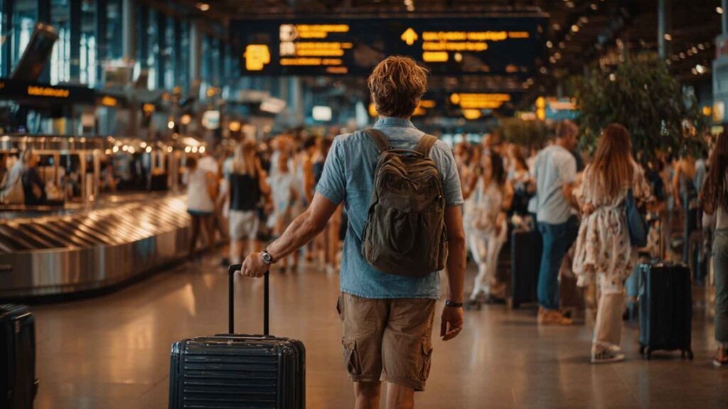Self-transfer flights traveler walking through an international airport with carry-on luggage during a baggage re-check connection
