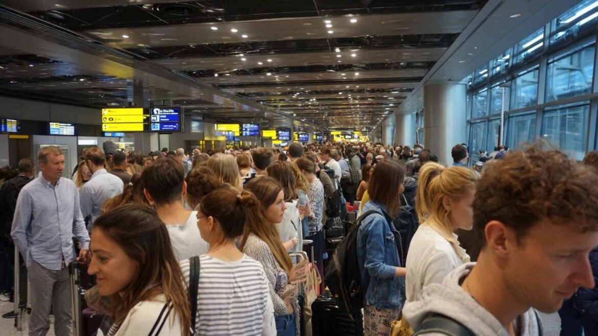 Self-transfer flights crowded international airport transit queue during a stressful baggage and immigration connection