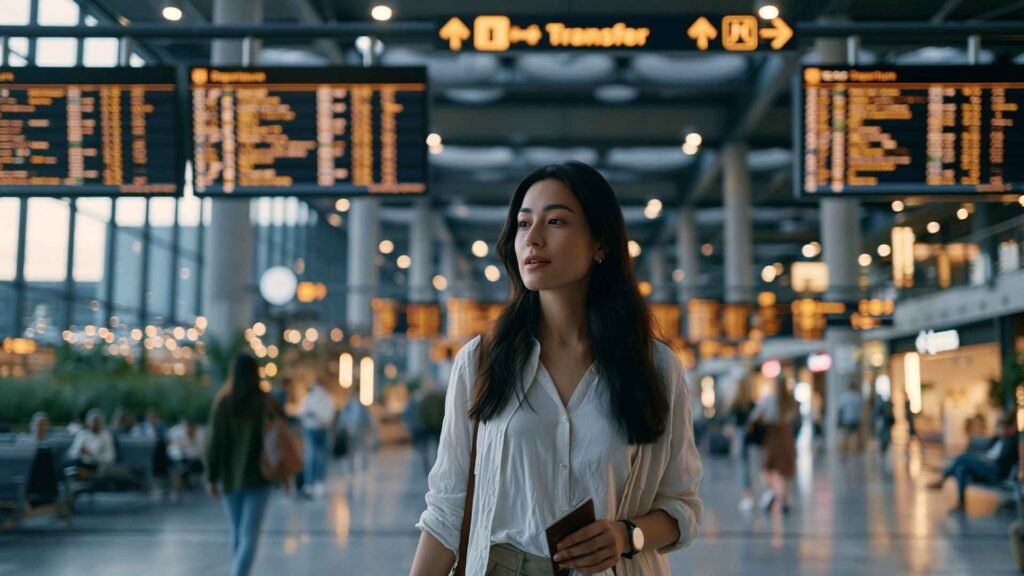 Self-transfer flights traveler navigating airport transfer signs inside a modern international terminal