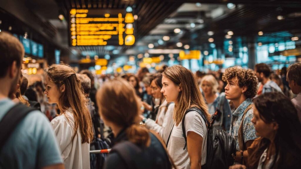 Self-transfer flights crowded airport immigration and transit queue inside a busy international terminal