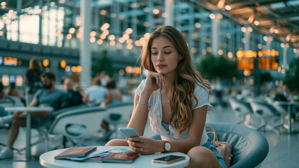 Self-transfer flights traveler planning a connection inside a modern international airport terminal