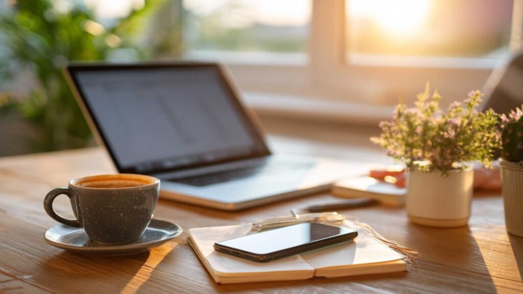 Minimal workspace with a smartphone, notebook, coffee, and laptop representing simple sustainable digital habits and intentional technology use.