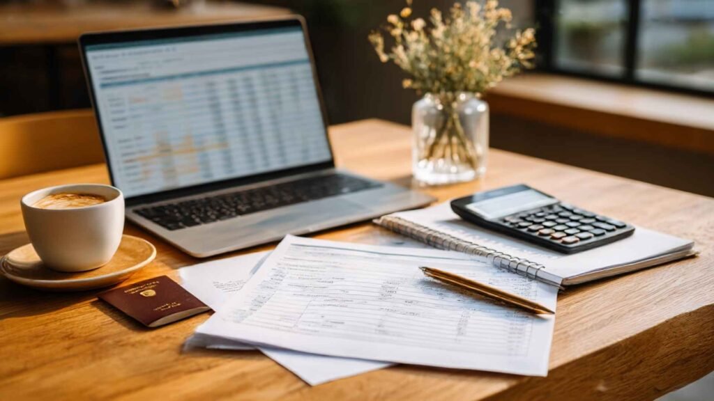 Financial proof and remote work documents prepared for a Spain Schengen visa for Turkish citizens