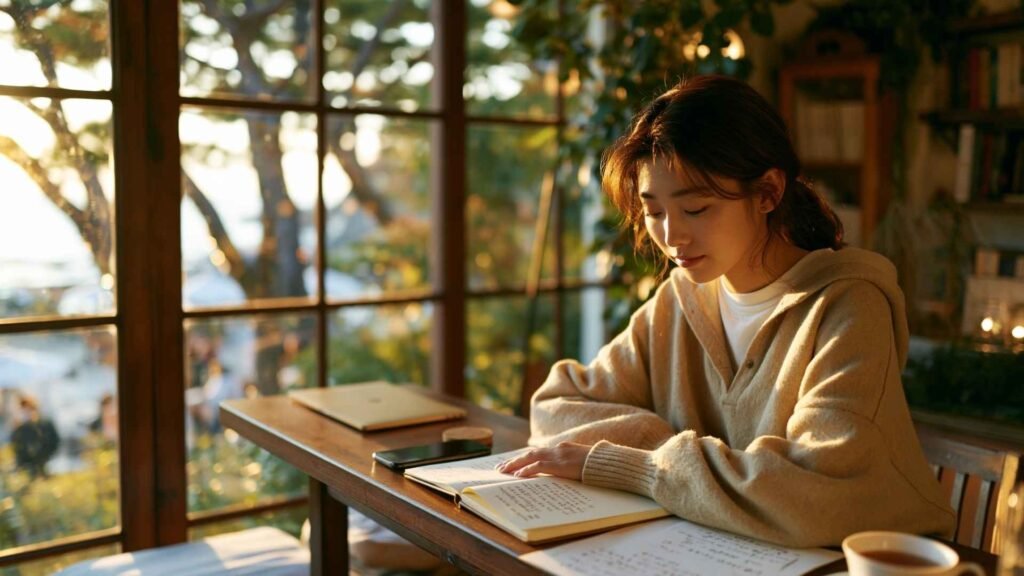 young woman writing in a notebook beside a smartphone and closed laptop during a calm digital minimalism routine