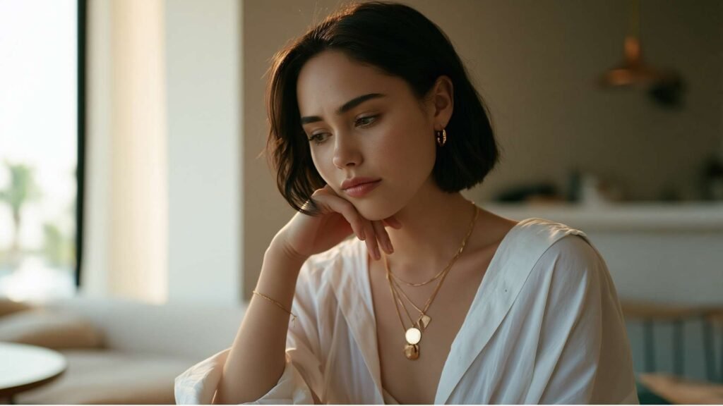 thoughtful woman sitting indoors reflecting with calm and slightly concerned expression