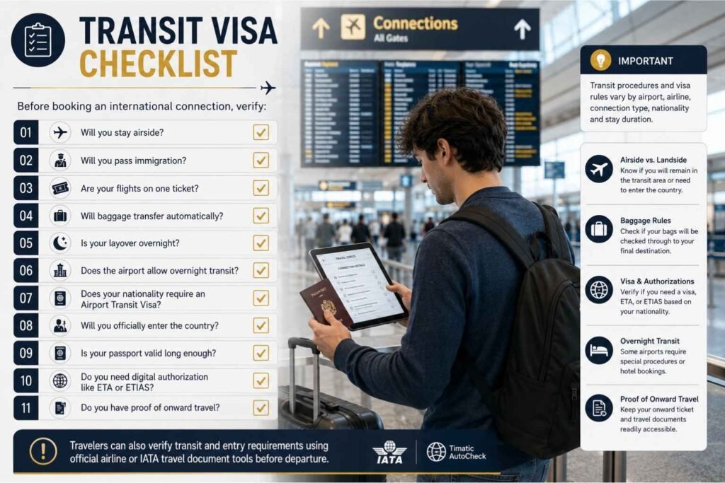 Premium airport transit visa checklist infographic showing travelers verifying immigration rules, baggage transfer, passport validity, ETA and ETIAS requirements before an international connection