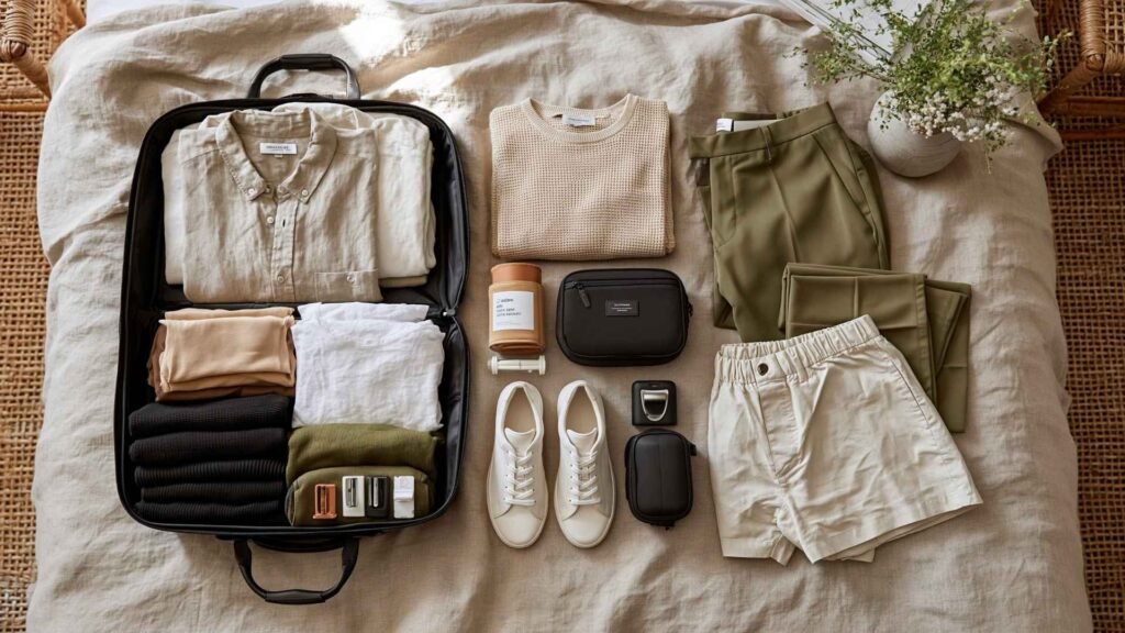 Minimalist travel capsule wardrobe flat lay with coordinated neutral outfits, versatile clothing, and organized carry-on packing essentials