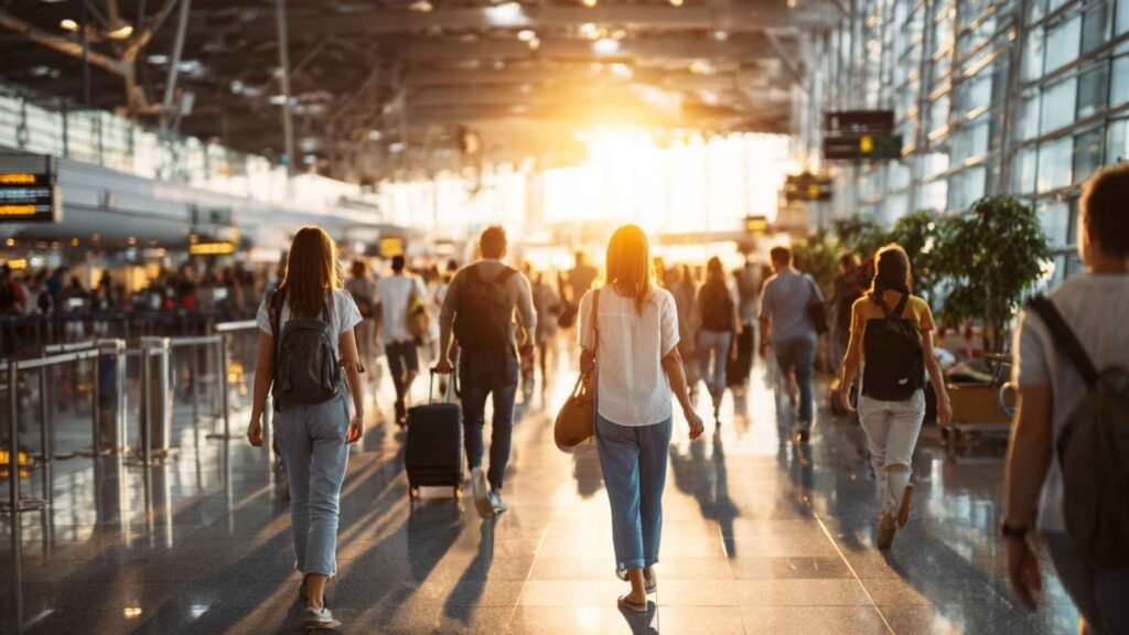 International travelers walking through a modern European airport in 2026