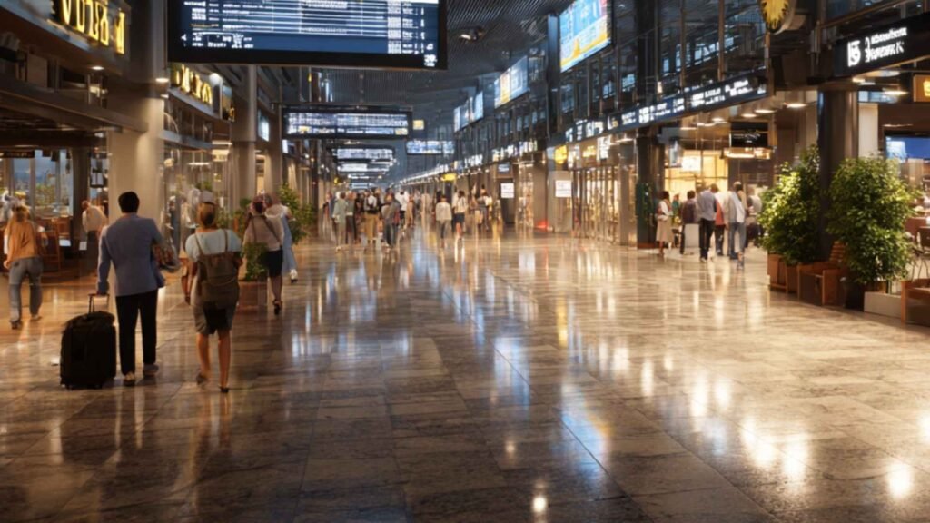 Turkish travelers inside a modern international airport transit terminal during an overnight layover