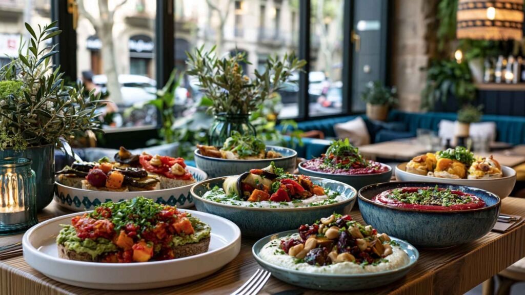 vegan tapas barcelona modern plant based dishes colorful plates restaurant interior