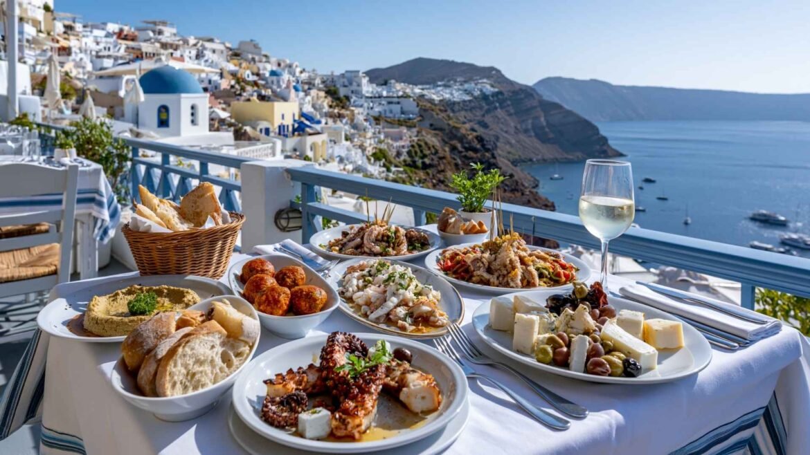 What to eat in Santorini guide featuring traditional local dishes, seafood, wine, and caldera dining views in Santorini