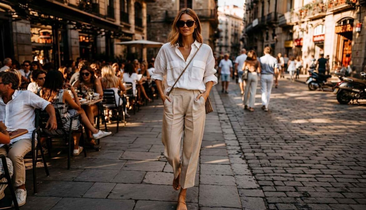 What to Wear in Barcelona – Stylish woman walking through Barcelona’s Gothic Quarter wearing elegant summer outfit during golden hour