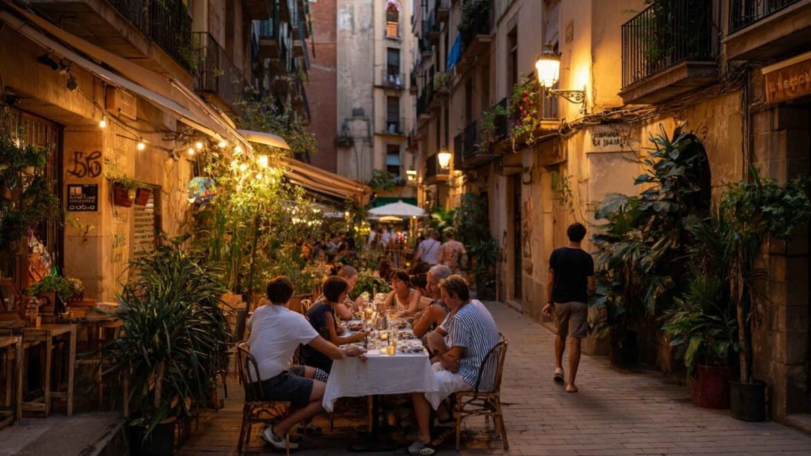 Where Locals Eat in Barcelona - Authentic evening dining atmosphere in a local Barcelona neighborhood with outdoor terraces and warm Mediterranean street lighting
