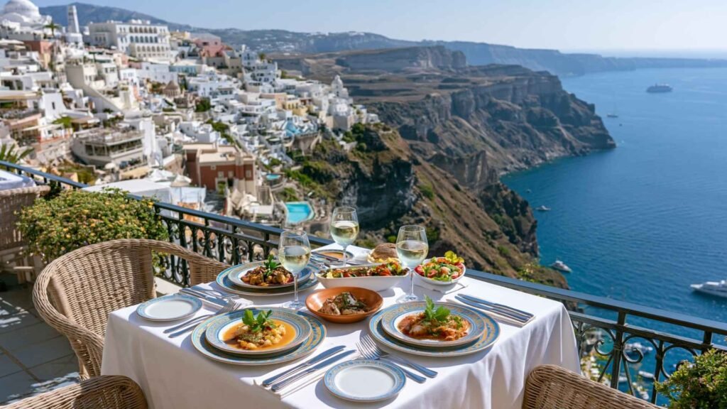 What to eat in Santorini guide showing a caldera-view restaurant terrace with local dishes and dining views above Santorini cliffs