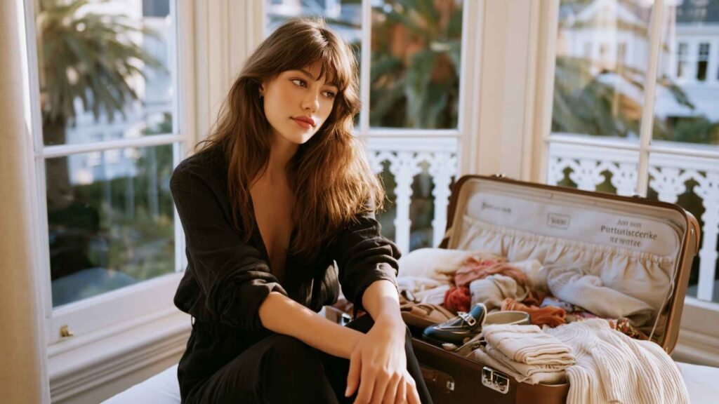 Thoughtful female traveler sitting beside an overpacked suitcase in a luxury hotel room while deciding what to pack for a minimalist trip