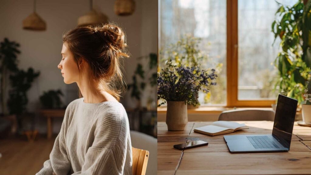 Digital minimalism vs digital detox concept showing two similar technology environments with different approaches to focus, digital habits, and intentional technology use.