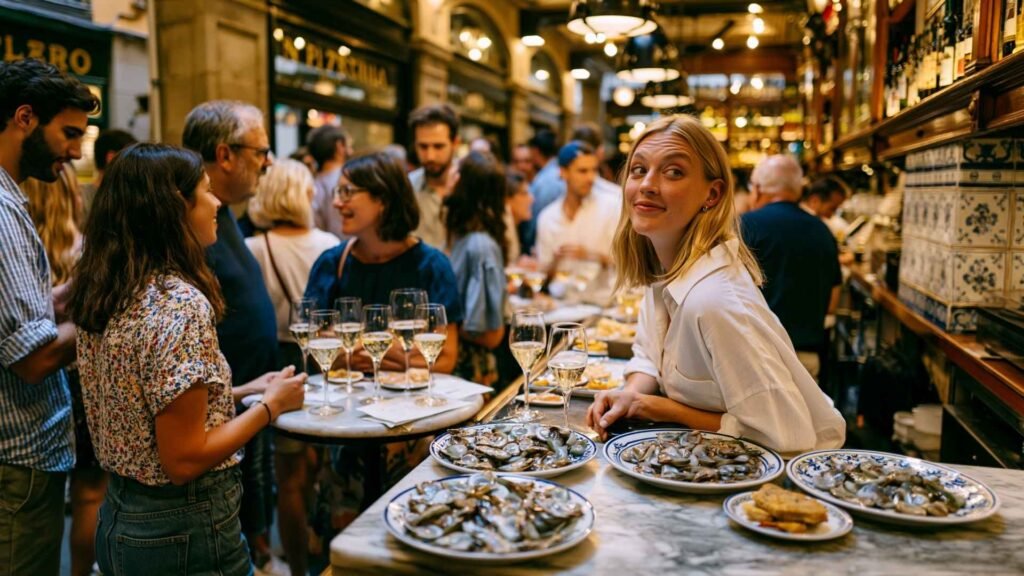 El Xampanyet Barcelona crowded tapas bar with cava glasses and locals standing at marble counter